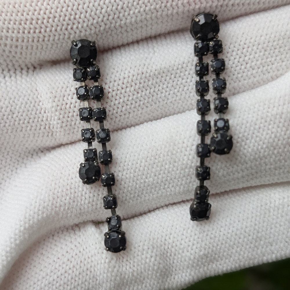 VintageBlack Rhinestone Dangle Earrings Gunmetal  Classic Glam